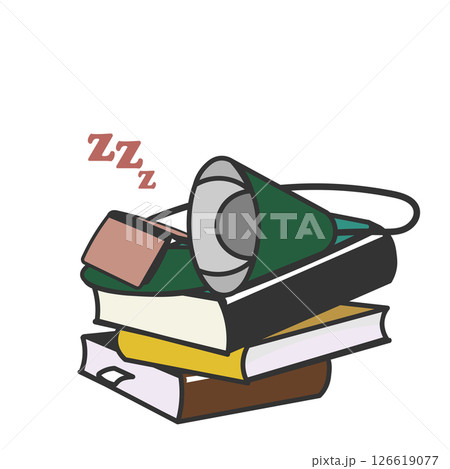 積み重なった本の上で電気を消して眠る電気スタンドのイラスト 積み重なった本の上で電気を消して眠る電気スタンドのイラスト 126619077