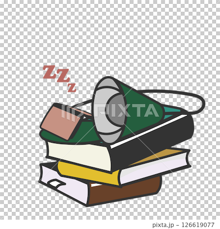 Illustration of a desk lamp sleeping with the lights off on top of a pile of books 126619077