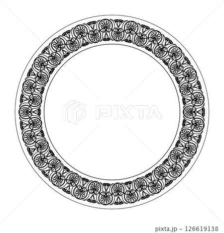 Round frame for design with Greek key, floral meander. Egyptian, Assyrian, Greek motif circular frame. Greece, ancient Rome. Circle european border. Template for textile, engraving, forging, embroider 126619138