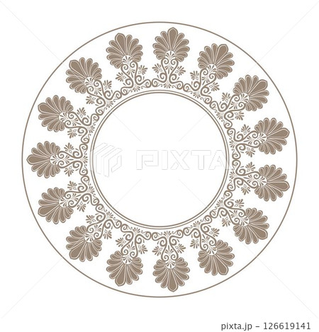 Vector gold round classical ornament of Ancient Greece and Roman Empire. Typical egyptian, assyrian and greek motives. Circle, Arabesque, Byzantine pattern for textiles, embroidery, porcelain, ceramic Vector gold round classical ornament of Ancient Greece and Roman Empire. Typical egyptian, assyrian and greek motives. Circle, Arabesque, Byzantine pattern for textiles, embroidery, porcelain, ceramic 126619141