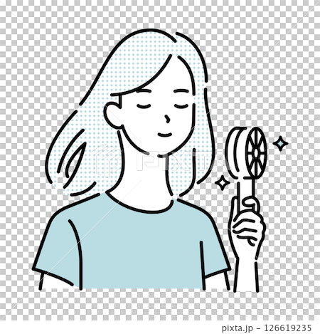 Woman cooling off with a handheld fan 126619235