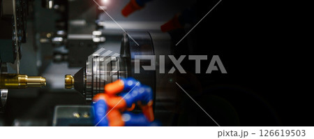 The CNC lathe machine thread cutting the screw metal shaft part,copy space The CNC lathe machine thread cutting the screw metal shaft part,copy space 126619503