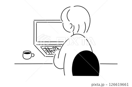 パソコンで仕事や勉強をする女性の線画イラスト01 126619661