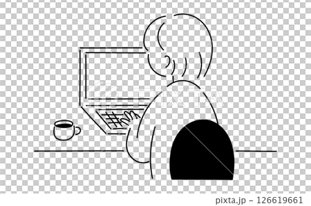 パソコンで仕事や勉強をする女性の線画イラスト01 126619661