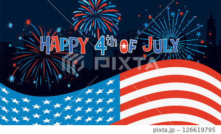Fourth of July Fireworks and American Flag Illustration Fourth of July Fireworks and American Flag Illustration 126619795