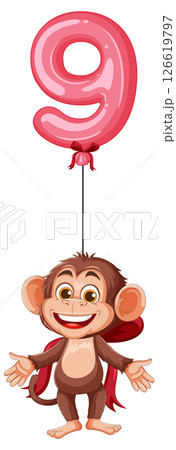 Cheerful Monkey with Number Nine Balloon 126619797