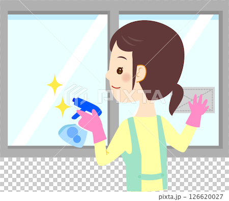 一位女士清潔窗戶的插圖 126620027