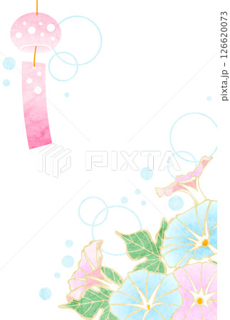 暑中見舞いはがき、朝顔、風鈴、縦、かわいい、ピンク 126620073