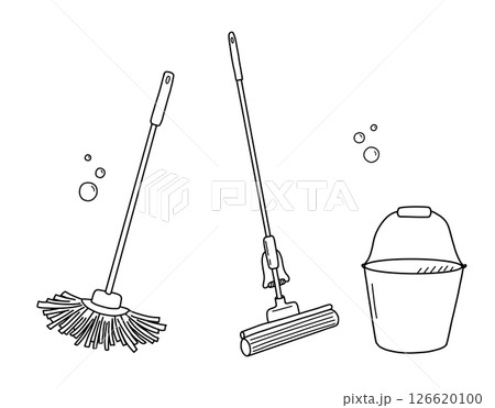Cleaning bucket and floor cleaning mop hand drawn in doodle style. Vector line art illustration. 126620100