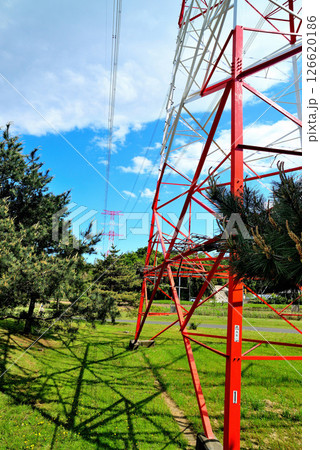 千葉県　手賀沼沿いに架かる架空送電線と鉄塔 126620186