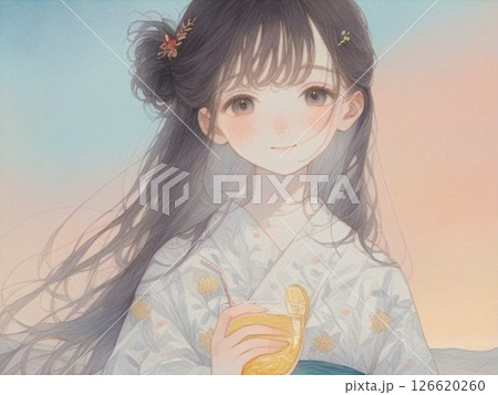 レモネードと浴衣のかわいい少女 水彩画風 レモネードと浴衣のかわいい少女 水彩画風 126620260