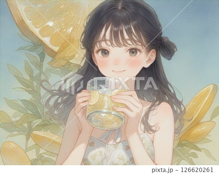 レモネードと笑顔の少女 水彩画風 レモネードと笑顔の少女 水彩画風 126620261