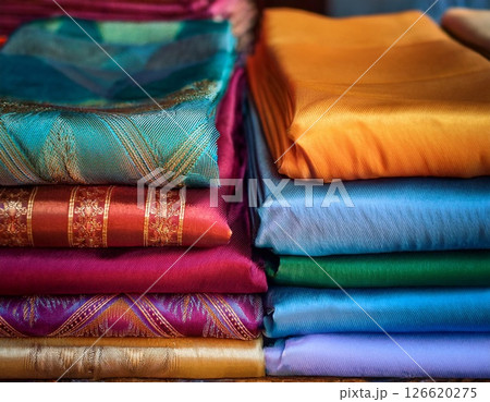 A stack of neatly folded traditional Thai silk saris in vibrant colors 126620275