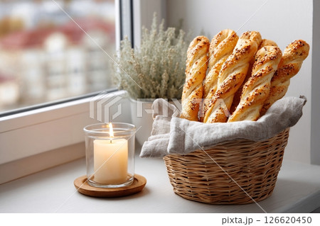 tempting breadstick in the cozy corner on a white background, in a clean food photography style 126620450