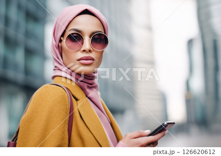 Stylish woman in sunglasses and hijab is holding smartphone while standing outdoors in a modern urban environment, showcasing contemporary fashion 126620612