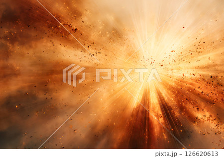 Abstract explosion of light and energy radiating outward, creating a dynamic visual effect with warm colors and particles in motion 126620613
