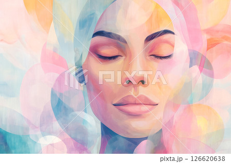 Colorful Abstract Portrait of Serene Woman with Closed Eyes Representing Inner Peace and Self-Acceptance 126620638