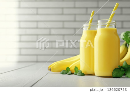 Fresh banana smoothie in glass bottles with yellow straws on white wooden table. Mint leaves and ripe bananas complete the bright setup. Great for ads, healthy food blogs, or breakfast menus. Banner 126620738