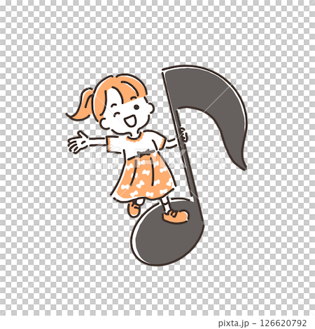 A girl riding on a musical note and waving her hand A girl riding on a musical note and waving her hand 126620792