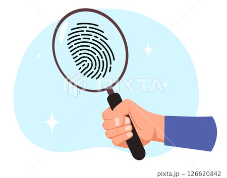 Hand holds magnifying glass and examines human fingerprint. Police investigation. Detective arm. Evidence find. Finger dactyloscopy verification. Murder identification. Vector concept Hand holds magnifying glass and examines human fingerprint. Police investigation. Detective arm. Evidence find. Finger dactyloscopy verification. Murder identification. Vector concept 126620842