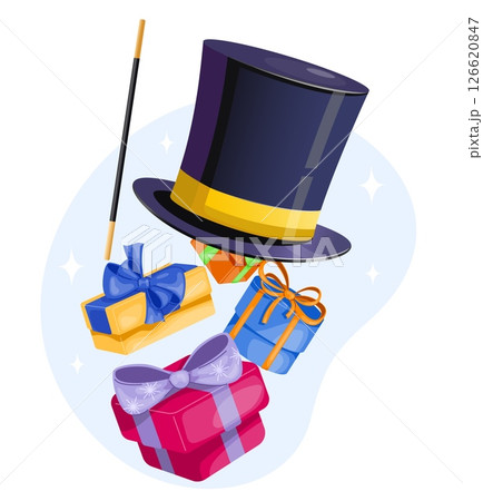 Illusionist or magician hat from which gifts fall out. Cylinder cap with magical wand. Circus performance. Conjuror tricks. Presents in wizard headwear. Holiday surprise. Vector concept 126620847