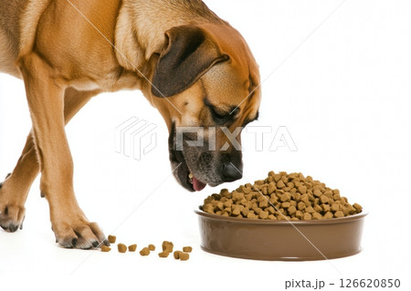Dog eating from a metal bowl. Close-up. Healthy dog food, advertising of pet food, pet products and pet stores. Caring for pets, quality food. Trust between animal and owner. Lots of space for text Dog eating from a metal bowl. Close-up. Healthy dog food, advertising of pet food, pet products and pet stores. Caring for pets, quality food. Trust between animal and owner. Lots of space for text 126620850