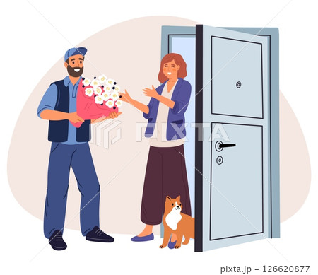 Male courier brought woman bouquet of flowers. Delivery to house door. Store order express shipping. Man carrying blossoms gift. Apartment doorway. Shipment service. Vector concept Male courier brought woman bouquet of flowers. Delivery to house door. Store order express shipping. Man carrying blossoms gift. Apartment doorway. Shipment service. Vector concept 126620877