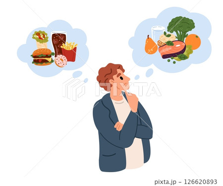 Man makes choice between healthy and unhealthy foods. Pensive guy choosing nutrition. Diet snack comparison. Thoughtful person thinking about fastfood or vegetables. Vector concept 126620893