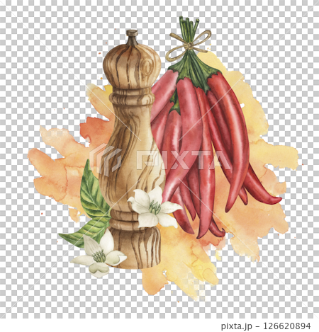 Watercolor illustration of a wooden mill for spices with red chili pepper, green leaves and white flowers on a yellow, orange background of spray. For design menu, kitchen decor or culinary design Watercolor illustration of a wooden mill for spices with red chili pepper, green leaves and white flowers on a yellow, orange background of spray. For design menu, kitchen decor or culinary design 126620894