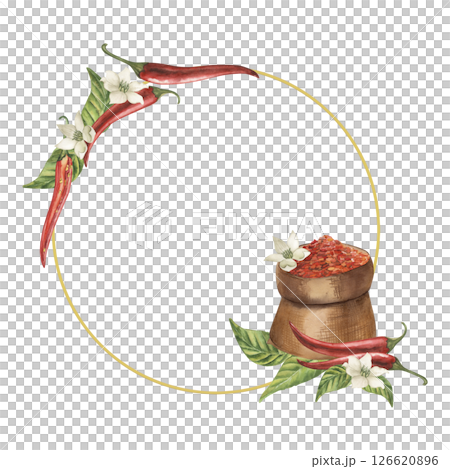A round frame with red chili pepper, green leaves, white, a bag full of ground pepper. The watercolor illustration is drawn manually, for a label of hot food, a recipe for cooking, a spicy kitchen 126620896