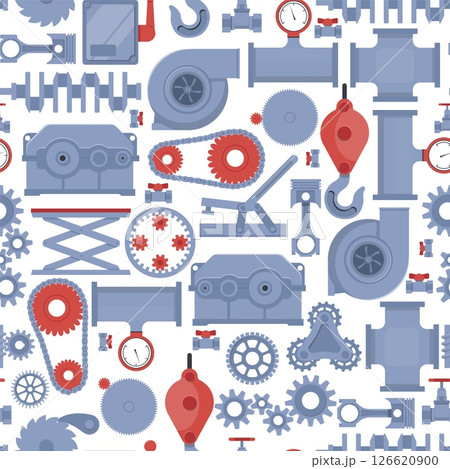 Mechanical mechanisms seamless pattern. Engineering equipment. Engine chains and gears. Industrial fans. Crane hooks. Repeated print. Steel pipes with pump and valves. Vector background 126620900