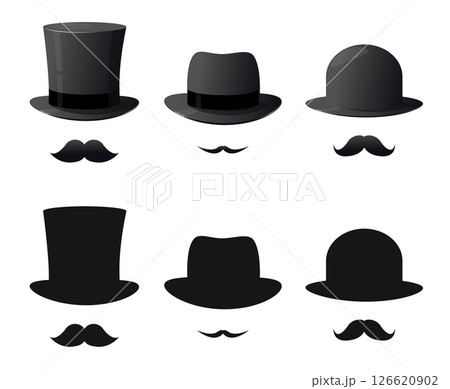 Mens hats and mustaches. Gentleman icon. Classic moustache and cylinder cap. Stylish accessory. Face disguise. Old bowler. Detective costume. Male beards. Vector black silhouettes set Mens hats and mustaches. Gentleman icon. Classic moustache and cylinder cap. Stylish accessory. Face disguise. Old bowler. Detective costume. Male beards. Vector black silhouettes set 126620902