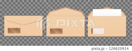 Realistic kraft paper envelopes with blank sheet inside. Business document send. Mail package mockup on transparent background. Correspondence delivery. Postal wrap. Vector 3D letters set Realistic kraft paper envelopes with blank sheet inside. Business document send. Mail package mockup on transparent background. Correspondence delivery. Postal wrap. Vector 3D letters set 126620914