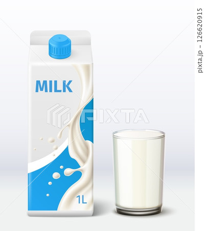 Realistic liter milk carton and full glass. Cardboard box. Closed packet. Dairy product. Drink yogurt. Lactose kefir. Calcium nutrition. Tetra pack for liquid. Vector 3D container mockup Realistic liter milk carton and full glass. Cardboard box. Closed packet. Dairy product. Drink yogurt. Lactose kefir. Calcium nutrition. Tetra pack for liquid. Vector 3D container mockup 126620915