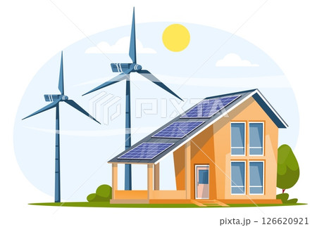 Solar panels on roof of house with wind mill farms generating electricity. Suburban home. Ecological energy. Green technology. Residential building. Vector modern architecture concept Solar panels on roof of house with wind mill farms generating electricity. Suburban home. Ecological energy. Green technology. Residential building. Vector modern architecture concept 126620921