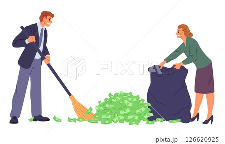 Two satisfied businessmen bagging pile of paper bills. Successful couple making profit. Man mopping dollar banknotes. Financial income. Woman collecting money into bag. Vector concept 126620925