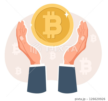 Two traders hands holding bitcoin gold coin. BTC cryptocurrency. Blockchain technology. Investor arms with crypto money. Financial investment. Electronic currency exchange. Vector concept 126620926