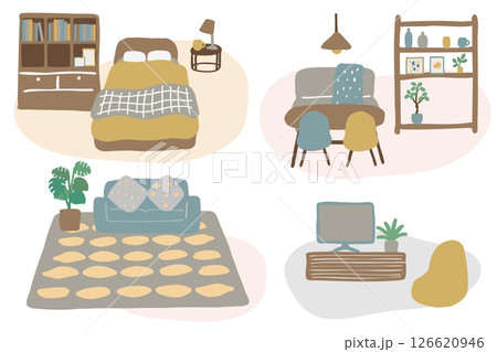 手書きタッチのリビング・ダイニング・寝室イラスト 126620946