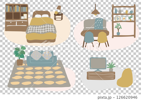 Hand-drawn illustrations of living room, dining room and bedroom 126620946