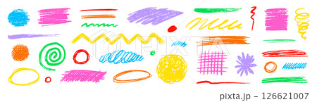 Crayon pencil scribble chalk texture brush stroke element set. Hand drawn crayon pencil brush stroke texture line color shape vector. Children color chalk scratch hand drawn style. Vector 126621007