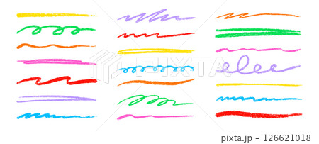 Line color pencil brush kid set. Color chalk pastel pencil underline scribble brush stroke set for kid design. Hand drawn wavy marker underline highlight element. Vector 126621018