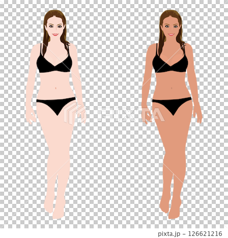 さまざまなポーズをしたリアルな若い女性の水着の日焼け前と後のイラストセット・ビキニ09 126621216