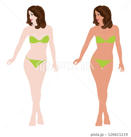 さまざまなポーズをしたリアルな若い女性の水着の日焼け前と後のイラストセット・ビキニ12 126621219