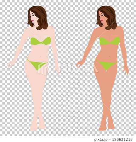 さまざまなポーズをしたリアルな若い女性の水着の日焼け前と後のイラストセット・ビキニ12 126621219