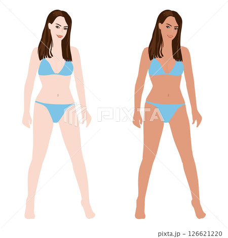 さまざまなポーズをしたリアルな若い女性の水着の日焼け前と後のイラストセット・ビキニ13 126621220