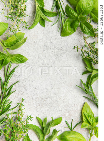 Fresh herbs frame creating empty space on gray background 126621363