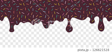 Simple Sprinkle pattern. Chocolate brown wave border with colorful sprinkles. Strawberry ice cream melted on transparent background. Vector Illustration Simple Sprinkle pattern. Chocolate brown wave border with colorful sprinkles. Strawberry ice cream melted on transparent background. Vector Illustration 126621528