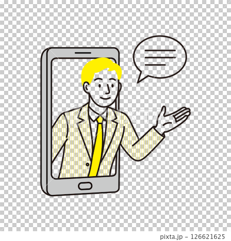 スマートフォンから飛び出て説明をしているビジネススーツ姿の男性 126621625