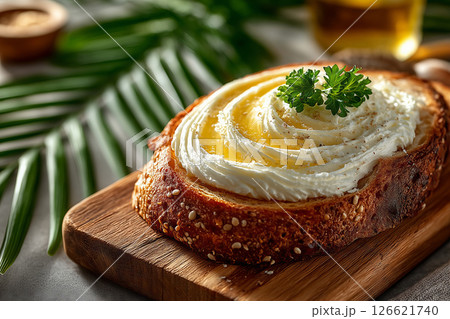 Delicious bread slice with creamy butter and fresh herbs on a sunny day Delicious bread slice with creamy butter and fresh herbs on a sunny day 126621740