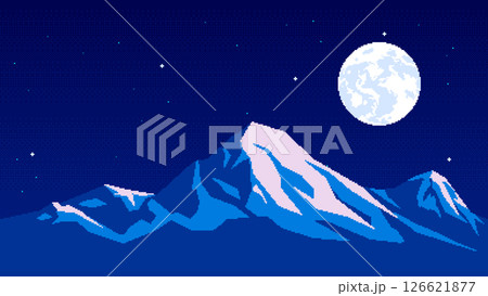 Pixel art horizontal illustration of night over mountain. Retro style platformer video game level. Seamless landscape with snowy peak, moon and stars. 126621877